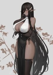 1girls 2021 :o bare_shoulders black_gloves black_hair blush breast_hold breasts china_dress chinese_clothes cleavage dark-skinned_female dark_elf dark_elven_girl_(hayabusa) dark_skin dress elbow_gloves elf eyebrows_visible_through_hair eyes_visible_through_hair female female_only gloves grey_background hair_ornament hair_over_one_eye hand_on_chin hayabusa highres jewelry large_breasts long_hair mole mole_on_breast orange_eyes original pelvic_curtain plant sideboob simple_background skindentation solo standing teeth thick_thighs thighhighs thighs very_long_hair wide_hips zettai_ryouiki