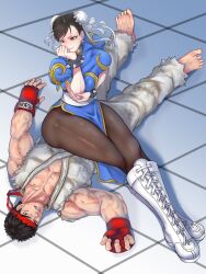 1boy 1girls boots brown_eyes brown_hair chun-li defeated femdom looking_at_another looking_down looking_up malesub muscular muscular_female muscular_male pantyhose pelvic_curtain pocari66 ryu_(street_fighter) short_hair sitting sitting_on_person smile source_larger street_fighter textless thick_thighs thighs very_short_hair