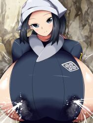 1girls akari_(pokemon) big_breasts blue_eyes blue_hair eye_contact female female_protagonist huge_breasts lactation large_breasts looking_at_viewer massive_breasts milk_leaking_through_clothing milk_squirt nintendo norio_(pheromosa_times) pokemon pokemon_legends:_arceus