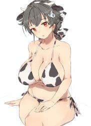 alchera animal_ears animal_print bikini black_hair breasts cleavage cow_ears cow_horns cow_print fake_animal_ears fake_horns female hair_flaps horns jingei_(kantai_collection) kantai_collection large_breasts long_hair looking_at_viewer low_ponytail red_eyes side-tie_bikini sitting solo swimsuit white_bikini