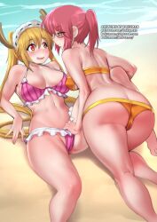 2girls ass ass_cleavage back bangs beach bikini blonde_hair blush bokuman butt_crack closed_mouth dragon_horns eye_contact eyebrows_visible_through_hair feet_out_of_frame female_focus frilled_bikini frills glasses hair_between_eyes halter_top halterneck horns kobayashi long_hair looking_at_another looking_at_viewer lying maid_headdress miss_kobayashi's_dragon_maid multiple_girls navel open_mouth orange_bikini orange_swimsuit patreon_username pink_bikini pink_hair ponytail reclining sand shore sidelocks smile spread_legs stomach strapless strapless_bikini striped striped_bikini swimsuit tohru_(dragon_maid) vertical-striped_bikini vertical_stripes water watermark web_address yuri