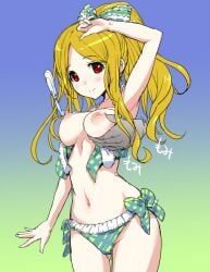 blonde_hair blush eyebrows_visible_through_hair hirowa_nagi idolmaster idolmaster_cinderella_girls large_breasts mochizuki_hijiri one_arm_up ponytail red_eyes smile toothbrush