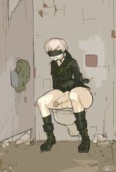 1boy ass balls bathroom big_ass big_balls big_penis blindfold bottomless femboy hairband huge_ass light-skinned_male light_skin male male_focus male_only nier nier:_automata penis sitting solo solo_male sweat testicles toilet trap usagaijin white_hair yorha_9s