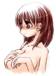 1girls blush breasts brown_eyes brown_hair female gundam gundam_lost_war_chronicles hand_on_breast hirowa_nagi human large_breasts light-skinned_female light_skin low_resolution noel_anderson nude solo topless upper_body