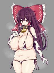 1girls big_breasts chubby cow_bikini cow_gloves cow_panties cow_print elbow_gloves female gloves long_gloves miko reimu_hakurei sawati solo tagme touhou white_gloves white_panties