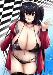 azur_lane bangs bikini black_bikini black_hair breasts checkered_flag choker crossed_bangs eyewear_on_head female female flag highleg highleg_bikini highres huge_breasts ibara_azuki jacket long_hair looking_at_viewer multi-strapped_bikini multiple_straps race_queen red_eyes red_jacket skindentation solo sunglasses swimsuit taihou_(azur_lane) taihou_(enraptured_companion)_(azur_lane) very_long_hair