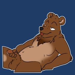 2023 anthro balls bear bearphones blep blue_background bodily_fluids brown_bear brown_body brown_fur fur genitals grizzly_bear half-erect hi_res holding_penis male mammal neck_tuft nude outline penis peperott reaction_image reclining simple_background solo spread_legs spreading tongue tongue_out tuft ursine white_outline