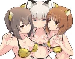 3girls animal_ears animal_print bangs bikini blue_eyes breasts brown_eyes brown_hair buchikaki claw_pose cleavage closed_mouth eyebrows_visible_through_hair female frown girls_und_panzer half-closed_eyes halterneck itsumi_erika looking_at_viewer medium_breasts medium_hair multiple_girls navel nishizumi_maho nishizumi_miho open_mouth parted_lips print_bikini short_hair siblings side-by-side silver_hair simple_background sisters smile swimsuit symbol-only_commentary tiger_ears tiger_print white_background yellow_bikini