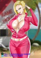 1girls android_18 blonde blonde_hair blue_eyes cameltoe cleavage curvy dragon_ball erect_nipples female huge_areolae huge_ass huge_breasts mgmilf no_bra open_clothes open_jacket puffy_nipples red_lips short_hair thick_lips track_jacket track_pants track_suit voluptuous wide_hips yellow_hair