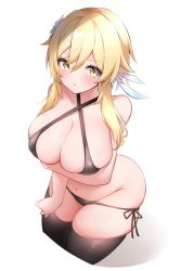 1girls big_breasts black_bikini blonde blonde_hair blush breasts female female_only genshin_impact hair_ornament lumine_(genshin_impact) side-tie_bikini tagme thick_thighs thighhighs xlyami