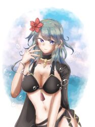 1girls alternate_costume alternate_version_available bikini black_bikini black_swimsuit breasts byleth_(fire_emblem) byleth_(fire_emblem)_(female) byleth_(summer)_(fire_emblem)_(female) cape cleavage female_only fire_emblem fire_emblem:_three_houses fire_emblem_heroes flower hair_flower large_breasts looking_at_viewer medium_hair mumei_(artist) nintendo official_alternate_costume red_flower smile solo swimsuit teal_hair