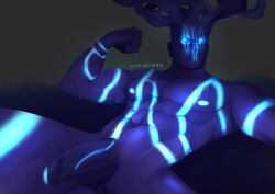 1boy 2d_(artwork) abs balls bara black_body demon demon_boy foreskin gay ghost ghost_boy ghost_penis glowing_eyes glowing_genitalia glowing_markings glowing_nipples glowing_penis glowing_vein glowing_veins highres koloarts99 laying_down laying_on_back laying_on_bed male male_focus male_only marking markings monster muscular muscular_male omen_(valorant) partially_retracted_foreskin penis posing purple_body scar scars shadow showing_off solo solo_focus teasing teratophilia uncircumcised valorant vein veins veiny_penis