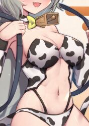 :d animal_print armpits bare_shoulders bell bikini bow bowtie breasts carrying chinese_zodiac choker close-up commentary_request cow_print cow_tail cowbell detached_sleeves erune female female granblue_fantasy grey_hair hands_up highres long_sleeves md5_mismatch medium_breasts midriff navel oerba_yun_fang open_mouth sen_(granblue_fantasy) short_hair smile solo stomach sweatdrop swimsuit tail thighs uneg white_bikini year_of_the_ox zodiac