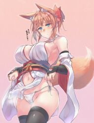 animal_ear_fluff animal_ears bangs black_gloves black_legwear blue_eyes blush bow breasts bridal_gauntlets closed_mouth clothing_cutout commentary cowboy_shot crotch_seam detached_sleeves elbow_gloves extra_ears eyebrows_visible_through_hair female fox_ears fox_girl fox_tail gloves hairbow japanese_clothes large_breasts light_frown looking_at_viewer navel navel_cutout obi orange_hair original panties pelvic_curtain pink_background red_bow red_sash sash sawaya_(mizukazu) short_hair side-tie_panties simple_background solo standing steam string_panties sweat tail thighhighs tied_hair translated underwear untying white_panties white_sleeves wide_sleeves yin_yang