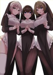 3girls :d :o alternate_costume anastasia_(idolmaster) black_hair black_legwear blush bra_visible_through_clothes green_eyes heterochromia highres idolmaster idolmaster_cinderella_girls looking_at_viewer multiple_girls nun own_hands_together pantyhose pelvic_curtain praying rum_raisin_(chihiromakita19) sagisawa_fumika silver_hair simple_background smile striped striped_legwear takagaki_kaede thighhighs two-tone_dress white_background white_legwear