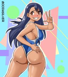 1girls artist_name artist_signature ass ass_focus big_ass big_butt black_hair blue_one-piece_swimsuit blue_swimsuit brown_eyes bubble_ass bubble_butt female_only hayase_nagatoro long_hair ocida_drawing ocidasilver one-piece_swimsuit peace_sign please_don't_bully_me,_nagatoro smile smiling sole_female solo swimsuit tanned tanned_female tanned_skin twitter_username two_tone_swimwear v_sign