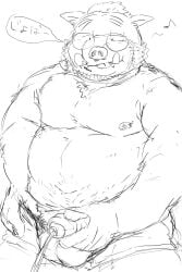 2022 anthro balls belly eyewear genitals glasses hi_res humanoid_genitalia humanoid_hands humanoid_penis japanese_text kemono male mammal moobs nipples overweight overweight_male peeing penis sippo sketch solo suid suina sus_(pig) text tongue tongue_out wild_boar