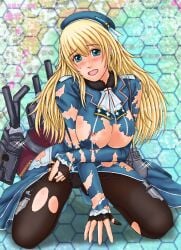 atago_(kantai_collection) blonde_hair blue_eyes blush clothing_damage erect_nipples female hat kantai_collection long_hair open_mouth solo take_(take-out!) torn_clothes torn_pantyhose very_long_hair