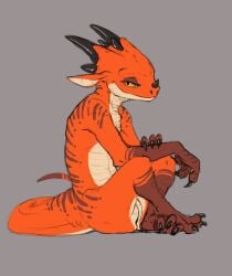 2022 anthro citrus_(character) claws cyanotic_epithelium female flamespitter flat_chested genitals hi_res horn kobold looking_at_viewer nude pussy scalie sitting smile solo yellow_eyes