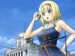 alice_margatroid anime_style bird blonde_hair blue_eyes building city day giantess macrophilia marisa_kirisame picking_up pixiv reimu_hakurei shrunken standing street tiny_human touhou