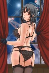 ass black_hair blush brown_eyes curtains female garter_belt gloves hat kantai_collection lace lace-trimmed_bra lace-trimmed_panties open_mouth solo takao_(kantai_collection) take_(take-out!) thighhighs window