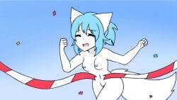 animal_ears animation_meme_community blue_hair blue_nipples breasts finish_line nude running small_breasts tagme virtual_youtuber white_fur wolfychu youtube