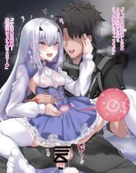 1boy after_sex after_vaginal bangs black_hair black_jacket blue_dress breasts brown_eyes carrying clothed_sex cross_section cum cum_in_pussy cum_inside cumdrip dress faceless faceless_male fairy_knight_lancelot_(fate) fate/grand_order fate_(series) female fertilization frills fujimaru_ritsuka_(male) grey_pants highres impregnation jacket kazami_chiu long_hair long_sleeves melusine_(fate) open_mouth ovum ovum_with_heart pants penis polar_chaldea_uniform princess_carry short_hair short_sleeves sidelocks sitting sitting_on_person small_breasts smile sperm_cell spread_legs straight testicles thighhighs thighs translation_request white_hair white_legwear