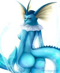 anthro anthrofied ass breasts eeveelution female fluffymonsterart generation_1_pokemon hand_on_butt hi_res long_tail looking_back nintendo nipples nude pokemon pokemon_(species) pokemorph simple_background solo standing tail vaporeon water white_background