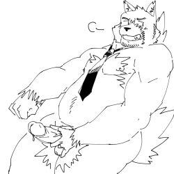 2019 anthro balls belly blush canid canine canis domestic_dog erect genitals humanoid_genitalia humanoid_hands humanoid_penis kemono male mammal moobs mostly_nude necktie necktie_only overweight overweight_male penis simple_background sketch solo ujishiyo white_background