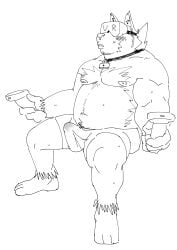 2019 absurd_res anthro belly bodily_fluids canid canine canis clothed clothing domestic_dog erect erection_under_clothing hi_res humanoid_hands kemono male mammal moobs navel nipples overweight overweight_male sitting sketch solo sweat ujishiyo underwear vr_headset