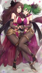 2girls absurdres alternate_costume anklet asymmetrical_docking bangs bare_shoulders blush breast_press breasts brown_hair cleavage commentary_request dancer dorothea_arnault dorothea_arnault_(plegian) earrings female_only fire_emblem fire_emblem:_genealogy_of_the_holy_war fire_emblem:_three_houses fire_emblem_heroes full_body gonzarez green_eyes green_hair hair_ornament hand_on_another's_hip highres holding_hands interlocked_fingers jewelry large_breasts lene_(fire_emblem) lene_(plegian)_(fire_emblem) loincloth long_hair looking_at_viewer lying multiple_girls nail_polish navel nintendo official_alternate_costume on_side open_mouth pelvic_curtain petals plegian ponytail revealing_clothes shiny shiny_clothes shiny_hair shiny_skin sideboob simple_background skin_tight smile stomach tied_hair toeless_legwear toenail_polish toenails toes white_background