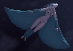 absurd_res antennae_(anatomy) anthro arthropod blue_hair breasts cloud female flying genitals hair hi_res insects lepidopteran moth night nipples no_humans nude purple_eyes purple_nipples purple_pussy pussy solo solo_focus star wings za-owl