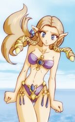 1girls belly_button bikini bikini_bottom bikini_top blue_eyes brown_hair female female_only gem gems gold_(metal) gold_jewelry hylian_ears midriff navel pointy_ears princess_zelda purple_bikini purple_bikini_bottom purple_bikini_top sea submissive submissive_female the_legend_of_zelda thighs twilight_princess zelda_(twilight_princess)