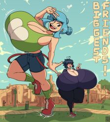 2girls blue_hair character_request double_bun giantess hair_bun huge_breasts hyper_breasts julissa_(lucy_fuchs) lucy_fuchs multiple_girls original top_heavy