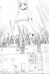 anime_style black_and_white city drawing giantess grass greyscale looking_down macrophilia pixiv shrunken shrunken_city