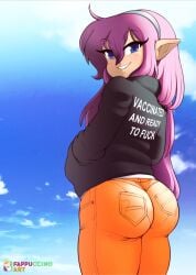 1futa alternate_version_available ass big_ass blue_eyes bubble_butt day english_text eye_contact fappuccino futa_only futanari hairband large_ass long_ears long_hair looking_at_viewer original_character outdoors outside pointy_ears purple_hair shana_(fappuccino) smile smiling smiling_at_viewer solo solo_futa sweater tagme text thighs