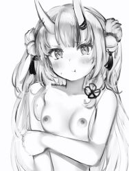 :t bell blush breasts closed_mouth completely_nude female flower_knot greyscale hair_bell hair_ornament highres hololive hololive_gen_2 hololive_japan horns jingle_bell long_hair looking_at_viewer monochrome nakiri_ayame nanashi_(nlo) nipples nude oni oni_horns simple_background sketch skin-covered_horns small_breasts solo sweat upper_body virtual_youtuber white_background