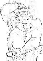 2021 anthro armpit_hair balls bathing belly body_hair canid canine canis domestic_dog erection genitals hi_res humanoid_genitalia humanoid_hands humanoid_penis kemono male mammal moobs nipples overweight overweight_male penis solo solo_male ujishiyo water wet