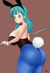 1girls ass big_ass big_butt blue_eyes blue_hair bulma_(bunny) bulma_briefs bunny_ears bunny_girl bunny_tail bunnysuit dragon_ball dragon_ball_z eye_contact female gummslime huge_breasts kero2099 large_breasts leotard long_hair looking_at_viewer pantyhose solo standing teenager thick_thighs thighs