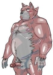 2020 anthro balls belly black_nose blush canid canine canis domestic_dog erection genitals hi_res humanoid_genitalia humanoid_hands humanoid_penis kemono male mammal moobs nipples overweight overweight_male penis simple_background solo ujishiyo white_background