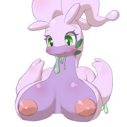 alpha_channel anthro areola big_breasts blush border breasts bunnag female goodra green_eyes hi_res nintendo nipples nude outside_border pokémon_(species) pokemon pokemon_(species) simple_background smile solo video_games white_background