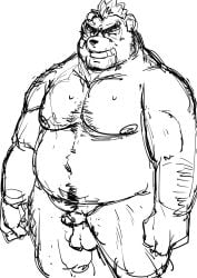 2019 absurd_res anthro ashigara belly genitals hi_res humanoid_genitalia humanoid_hands humanoid_penis kemono lifewonders male mammal moobs navel nipples one_eye_closed overweight overweight_male penis simple_background sketch small_penis solo tokyo_afterschool_summoners ujishiyo ursid video_games white_background wink