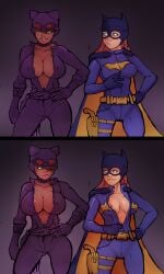 2girls barbara_gordon batgirl batman_(series) big_breasts breast_envy breast_size_difference breasts catwoman cleavage dark-skinned_female dark_skin dc dc_comics female female_only imminent_sex markydaysaid multiple_girls nipple_slip nipples red_goggles red_hair seductive skin_tight smile standing superheroine unzipping villain yuri zipper zipper_down zipper_pull_tab