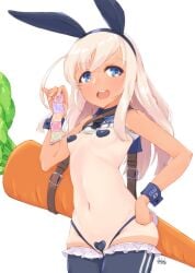 adapted_costume alakoala animal_ears blonde_hair blue_eyes blush breasts bunny_ears bunny_girl carrot commentary_request condom condom_wrapper cowboy_shot dated eyebrows_visible_through_hair fake_animal_ears female hairband hand_on_hip heart_pasties highres kantai_collection long_hair looking_at_viewer meme_attire navel one-piece_tan open_mouth pasties rabbit_ears rabbit_tail revealing_clothes reverse_bunnysuit reverse_outfit ro-500_(kantai_collection) signature simple_background small_breasts smile solo tail tan tanlines teeth unopened_condom_wrapper upper_teeth white_background wrist_cuffs