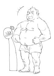 2019 absurd_res anthro ashigara belly blush closed_eyes clothing duo genitals hi_res humanoid_hands kemono laugh lifewonders male mammal moobs navel nipples overweight overweight_male penis sketch tokyo_afterschool_summoners ujishiyo underwear ursid video_games