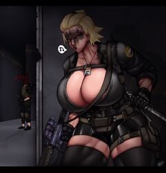 armor avis_(strangehero) big_breasts blonde_hair blue_eyes camouflage cop dagger female gun holster monster music_note pads piercing police_badge policewoman sniper_rifle soot strangehero straps sunglasses tagme walkie_talkie whistle