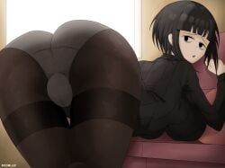 1girls ass ass_focus big_ass black_clothing black_eyes black_hair blossom_hope breasts clothed clothing female large_breasts looking_back milf open_mouth panties panties_under_pantyhose pantyhose pantyshot short_hair thick_ass thighband_pantyhose thighs tomi_washua watermark white_panties white_skin woomler