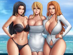 3girls big_breasts bikini_bottom bleach boa_hancock breasts cleavage crossover female female_only flowerxl highschool_of_the_dead huge_breasts large_breasts matsumoto_rangiku no_pants one_piece pick_one shizuka_marikawa shounen_jump thick_thighs wide_hips