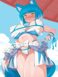 :3 animal_ear_fluff animal_ears aqua_hair asagi_(bombergirl) bangs bikini blue_hair blush bob_cut bombergirl bow breasts cameltoe clothes_around_waist cloud covered_nipples cowboy_shot eyebrows_visible_through_hair female female_only from_below hand_on_hip highres huge_breasts jacket jacket_around_waist large_breasts micro_bikini multicolored_hair navel outdoors sky smile solo swimsuit tail tenako_(mugu77) two-tone_hair wet white_bikini white_hair wolf_ears wolf_girl wolf_tail yellow_eyes