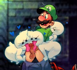 1boy ambiguous_gender assisted_exposure bite blowjob blue_heart blush boo_(mario) clothed clothes_removed clothing collaborative_fellatio collaborative_licking fellatio femboy flying ghost girly hat heart licking licking_penis long_tongue luigi luigi's_mansion male_only mario_(series) mawile123 moustache nervous nintendo open_mouth oral pants pants_down pants_pull pants_pulled_down penis penis_lick penis_on_tongue precum pulling_down_pants restrained smile standing surprised sweat tail testicles thick_thighs thighs tongue tongue_out